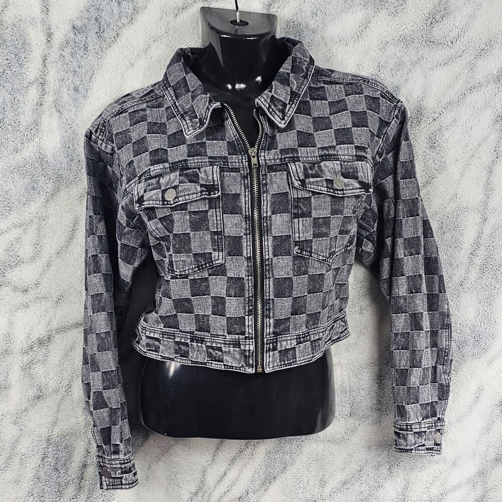 Small NWT Black/Gray Checkerboard Cropped Denim Jacket Grunge Nirvana Le Lis